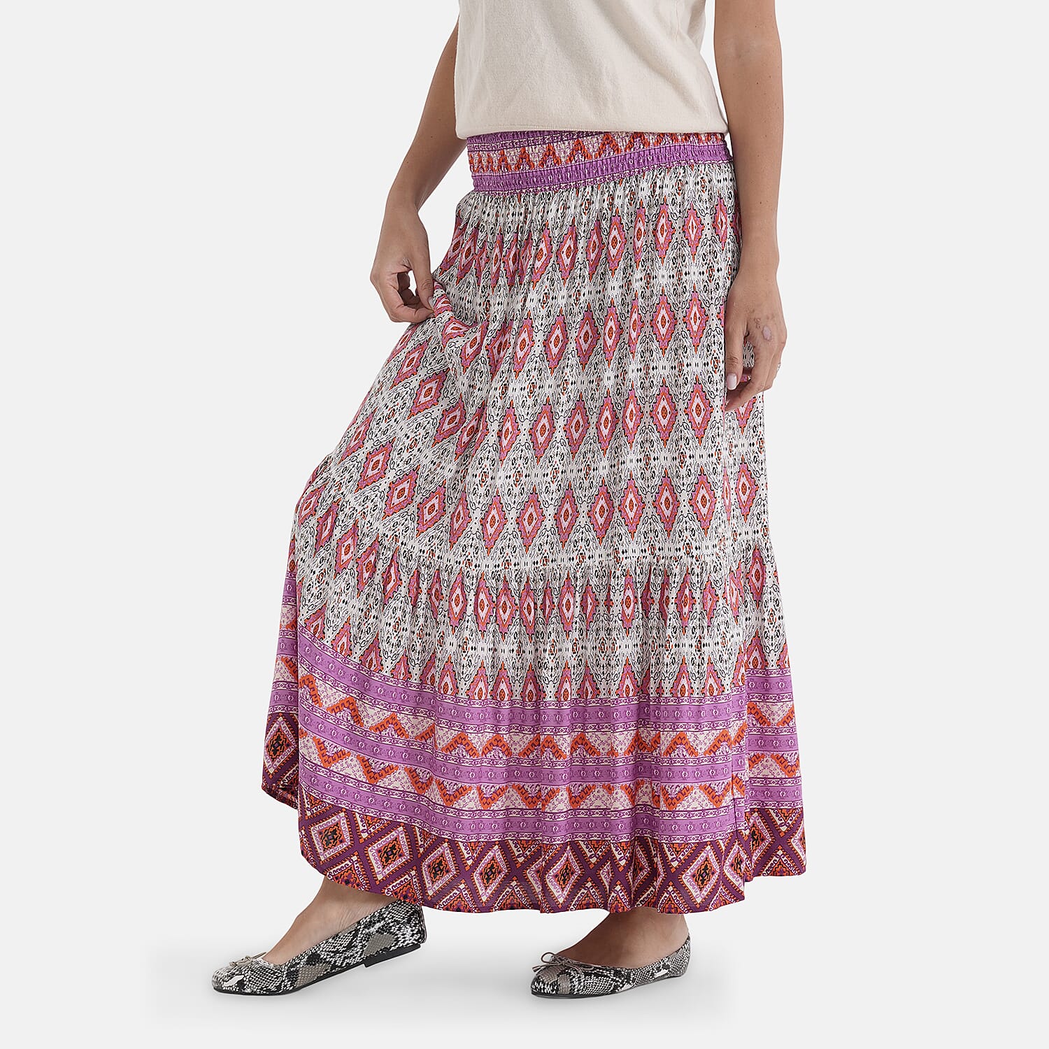 100% Viscose La Marey Elastic Waist Summer Printed Maxi Skirt (One Size) - Multicolour