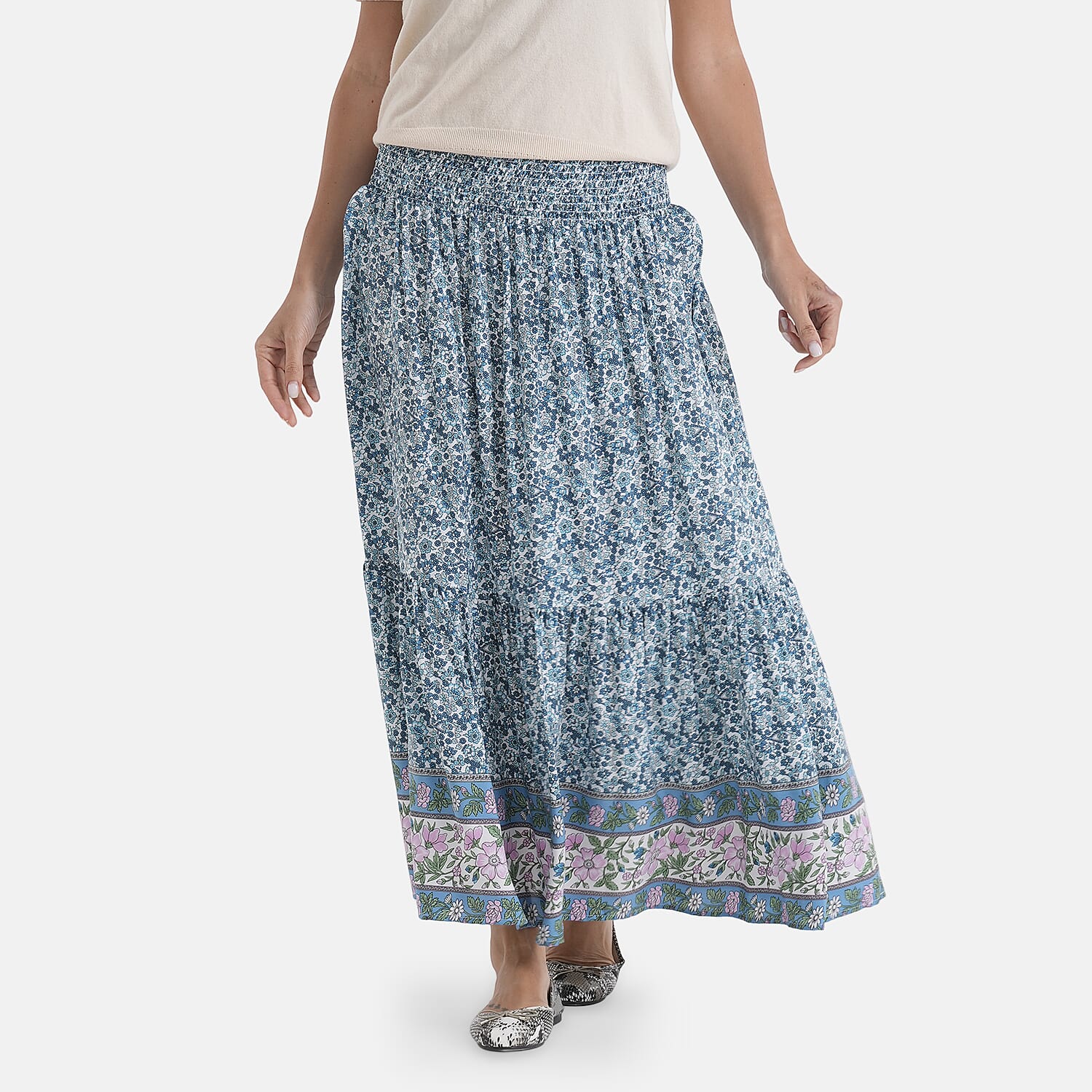 100% Viscose La Marey Elastic Waist Summer Printed Maxi Skirt (One Size) - Blue & Multicolour