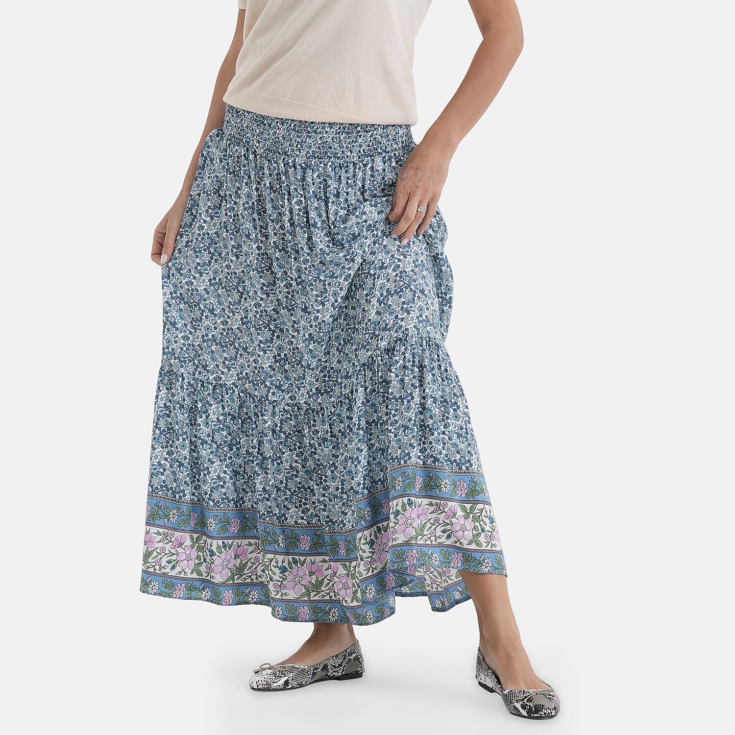 100% Viscose La Marey Elastic Waist Summer Printed Maxi Skirt (One Size) - Blue & Multicolour