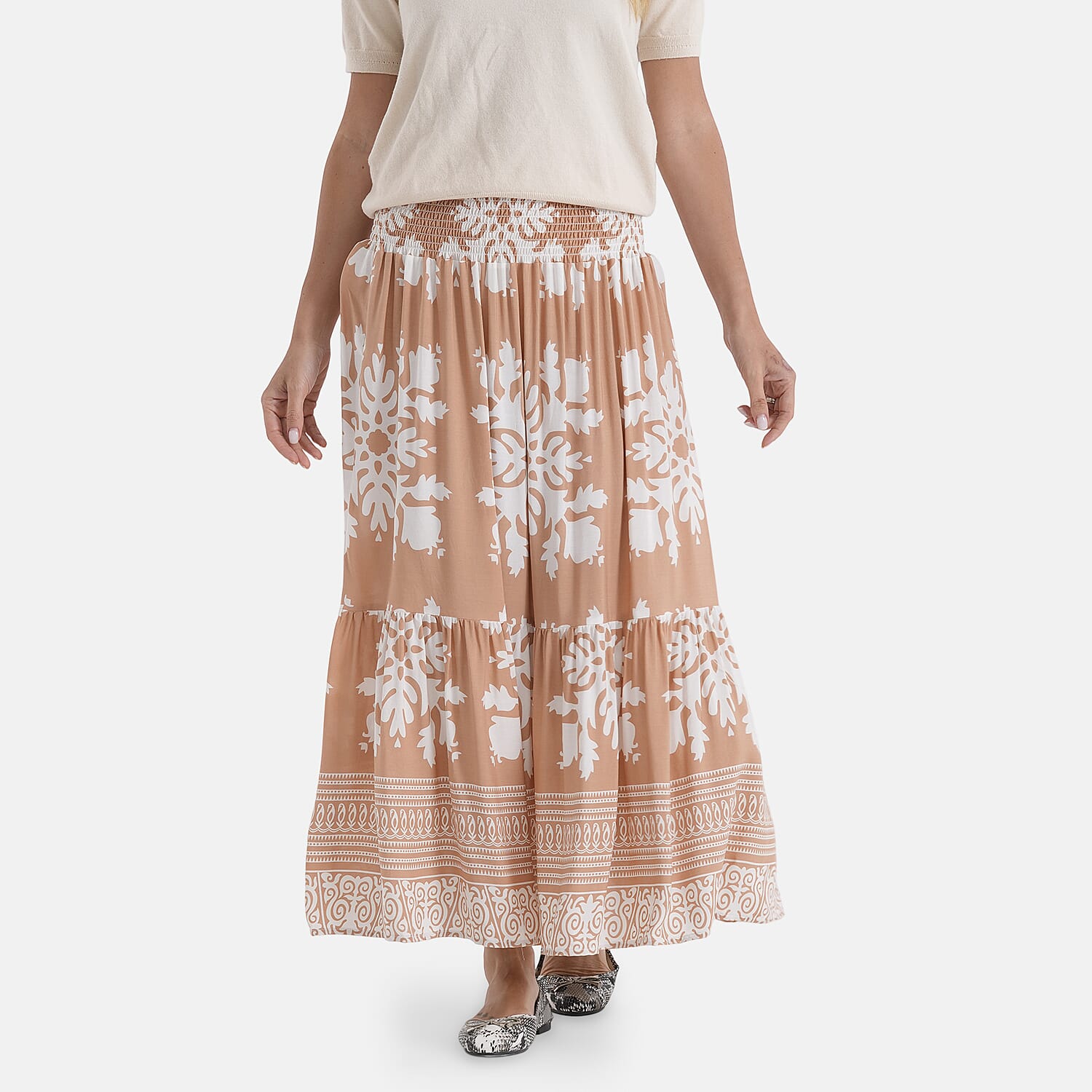 100% Viscose -La Marey Elastic Waist Summer Printed Maxi Skirt (One Size) - Sandy Brown & White