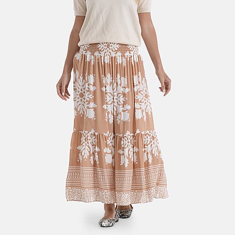 100% Viscose -La Marey Elastic Waist Summer Printed Maxi Skirt (One Size) - Sandy Brown & White