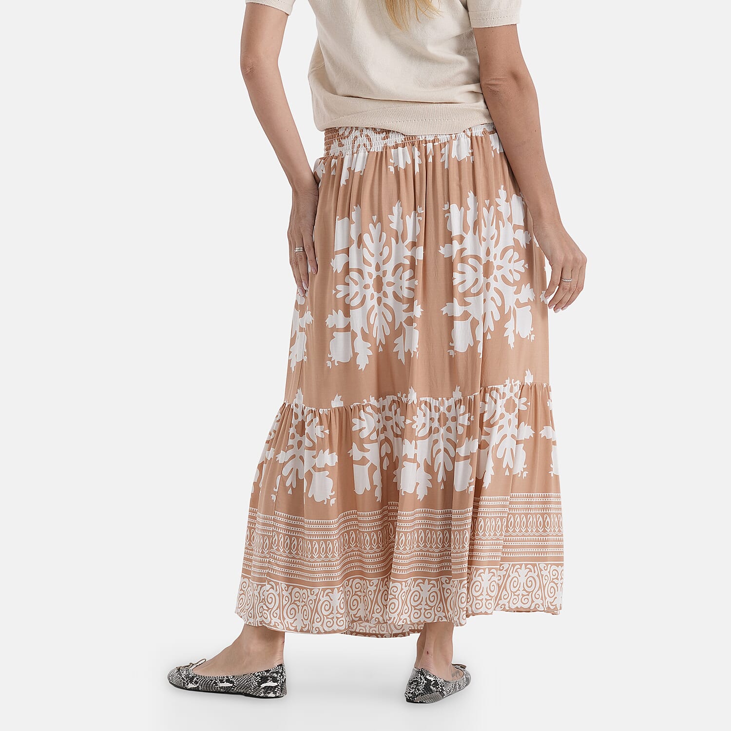 100% Viscose -La Marey Elastic Waist Summer Printed Maxi Skirt (One Size) - Sandy Brown & White