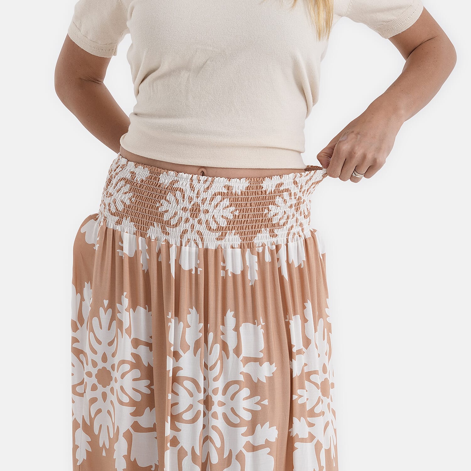 100% Viscose -La Marey Elastic Waist Summer Printed Maxi Skirt (One Size) - Sandy Brown & White
