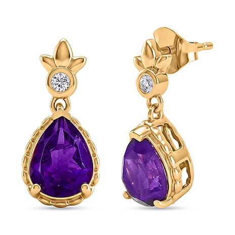 D'Joy AAA African Amethyst & White Zircon Dangling Earring with Push Post in Yellow Gold Plated Sterling Silver 3.02 Ct.