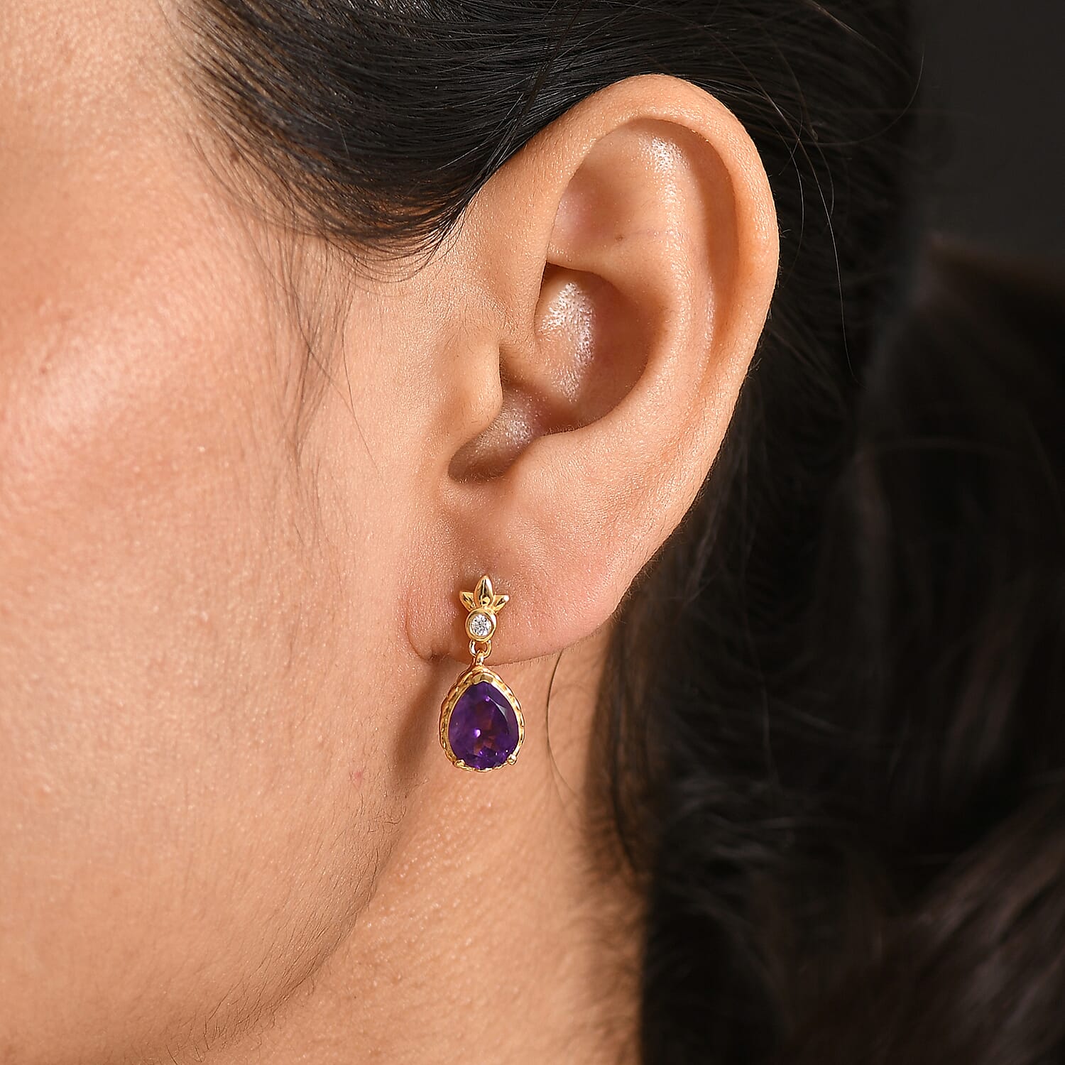 D'Joy AAA African Amethyst & White Zircon Dangling Earring with Push Post in Yellow Gold Plated Sterling Silver 3.02 Ct.