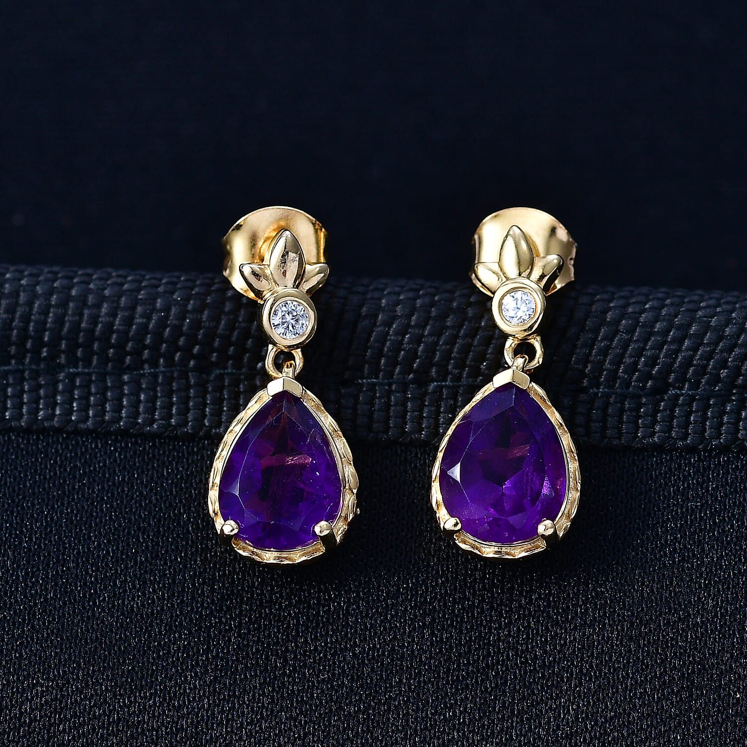 D'Joy AAA African Amethyst & White Zircon Dangling Earring with Push Post in Yellow Gold Plated Sterling Silver 3.02 Ct.