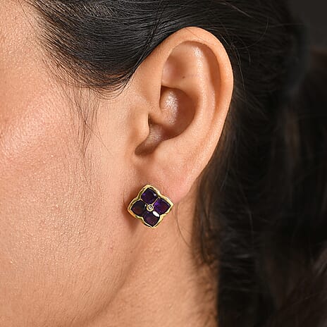 AAA African Amethyst & Luxuriant SI-G-H Lab Grown Diamond Floral Earring with Push Back in Yellow Gold Plated Sterling Silver 4.27 Ct.