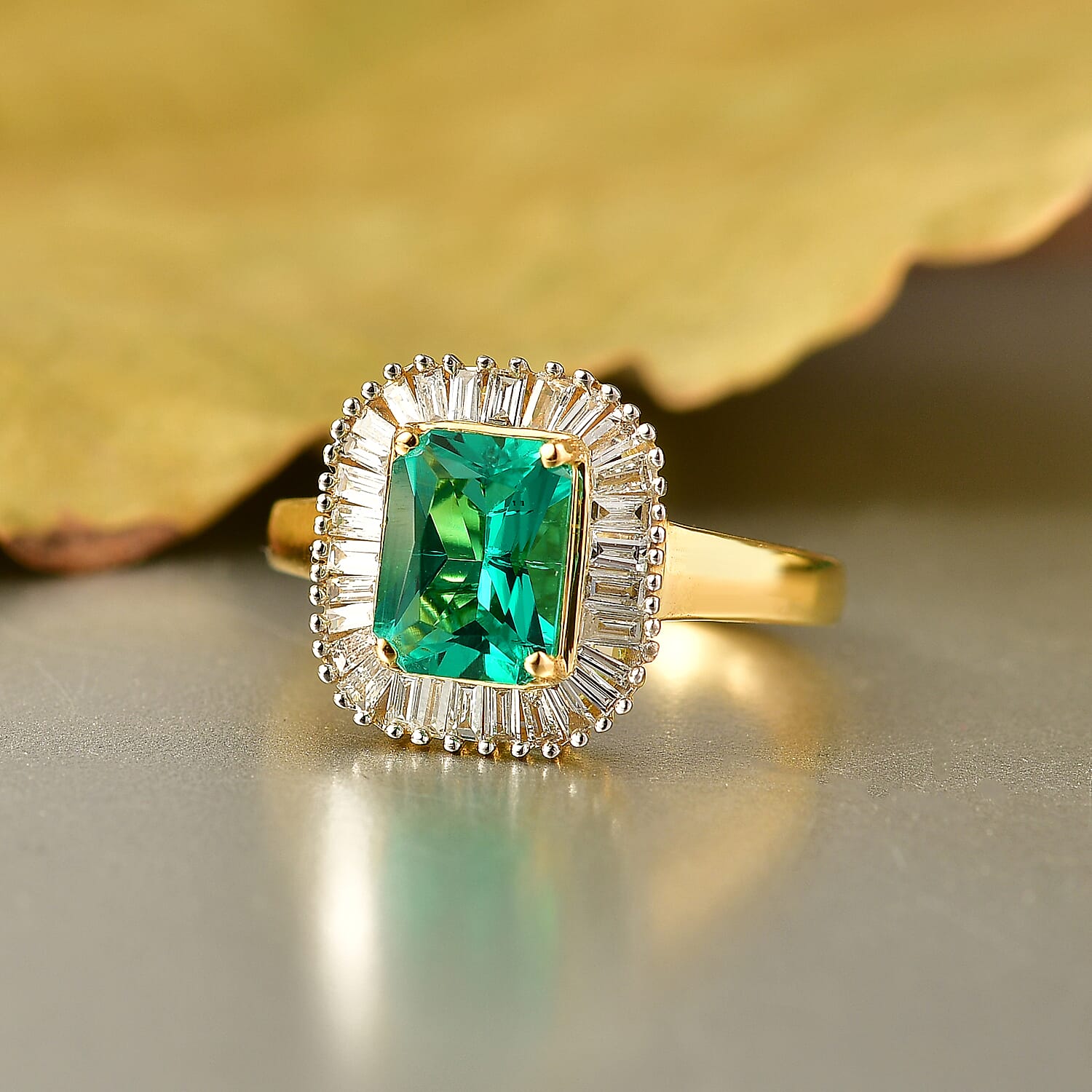 Luxuriant SI-G-H Lab Grown Columbian Emerald & Lab Grown Diamond Halo Ring in 18K Vermeil Yellow Gold Plated Sterling Silver  1.83 Ct.