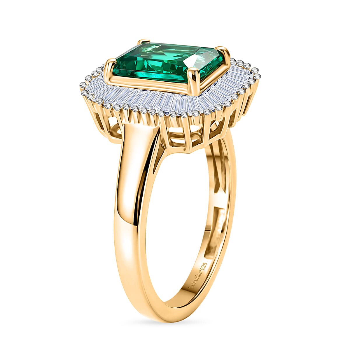 Luxuriant SI-G-H Lab Grown Columbian Emerald & Lab Grown Diamond Halo Ring in 18K Vermeil Yellow Gold Plated Sterling Silver  1.83 Ct.