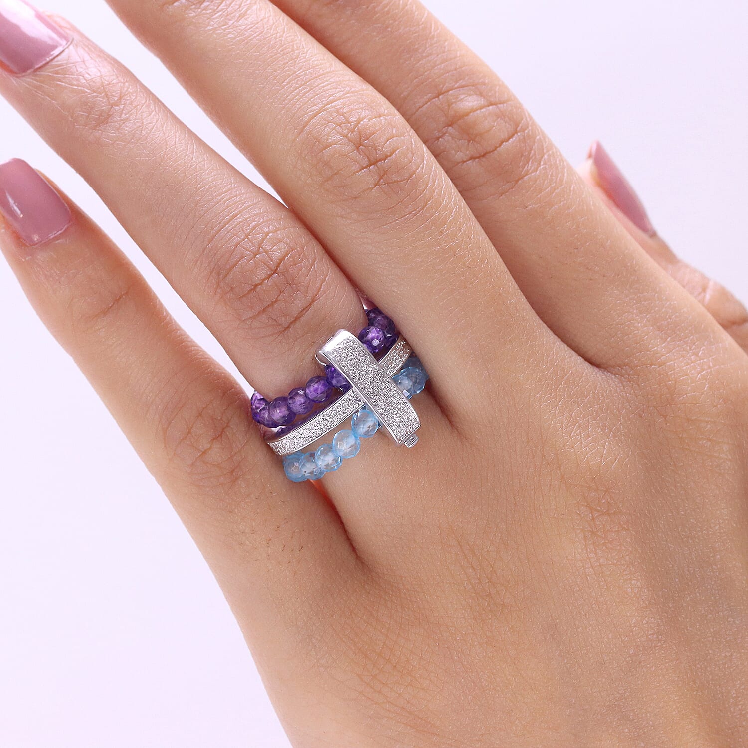 EverTrue - Skyblue Topaz & African Amethyst Stackable Ring 11.00 Ct.