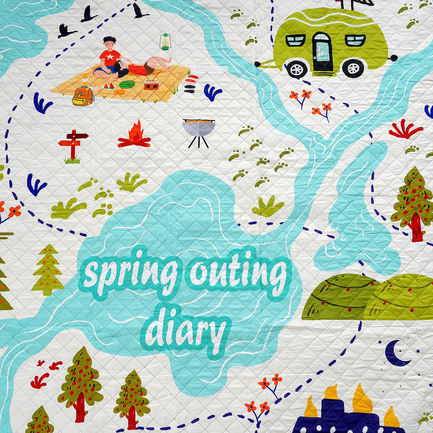 Extra Large Cotton Padded Picnic Blanket Waterproof, (2 x 2m) - Spring
