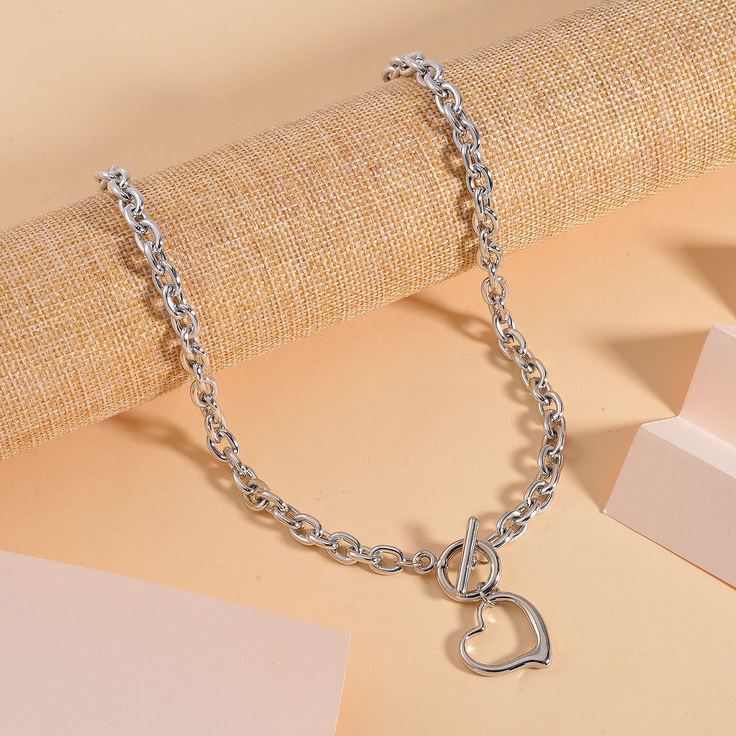 Heart Drop Link Chain Necklace (Size - 20.5) with T Bar Clasp