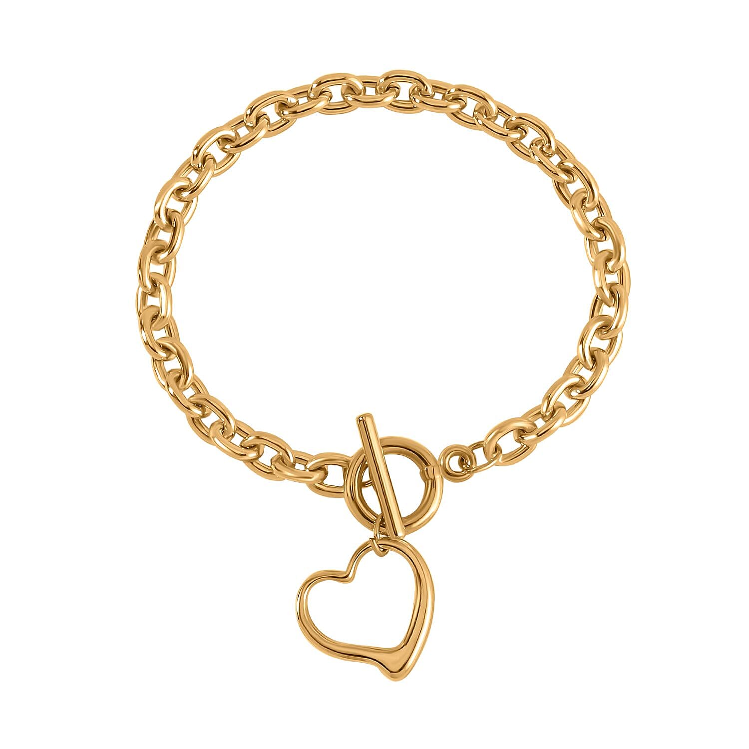 Heart Drop Cable Link Chain Bracelet (Size - 8) with T Bar Clasp in Yellow Gold Tone