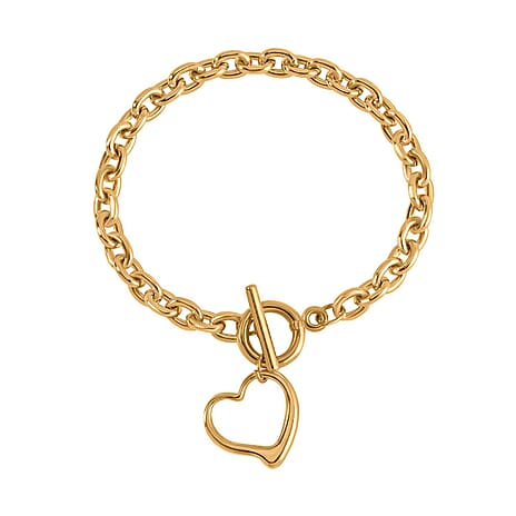 Heart Drop Cable Link Chain Bracelet (Size - 8) with T Bar Clasp in Yellow