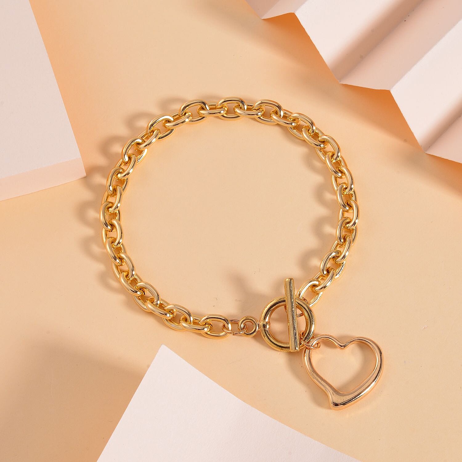 Heart Drop Cable Link Chain Bracelet (Size - 8) with T Bar Clasp in Yellow Gold Tone