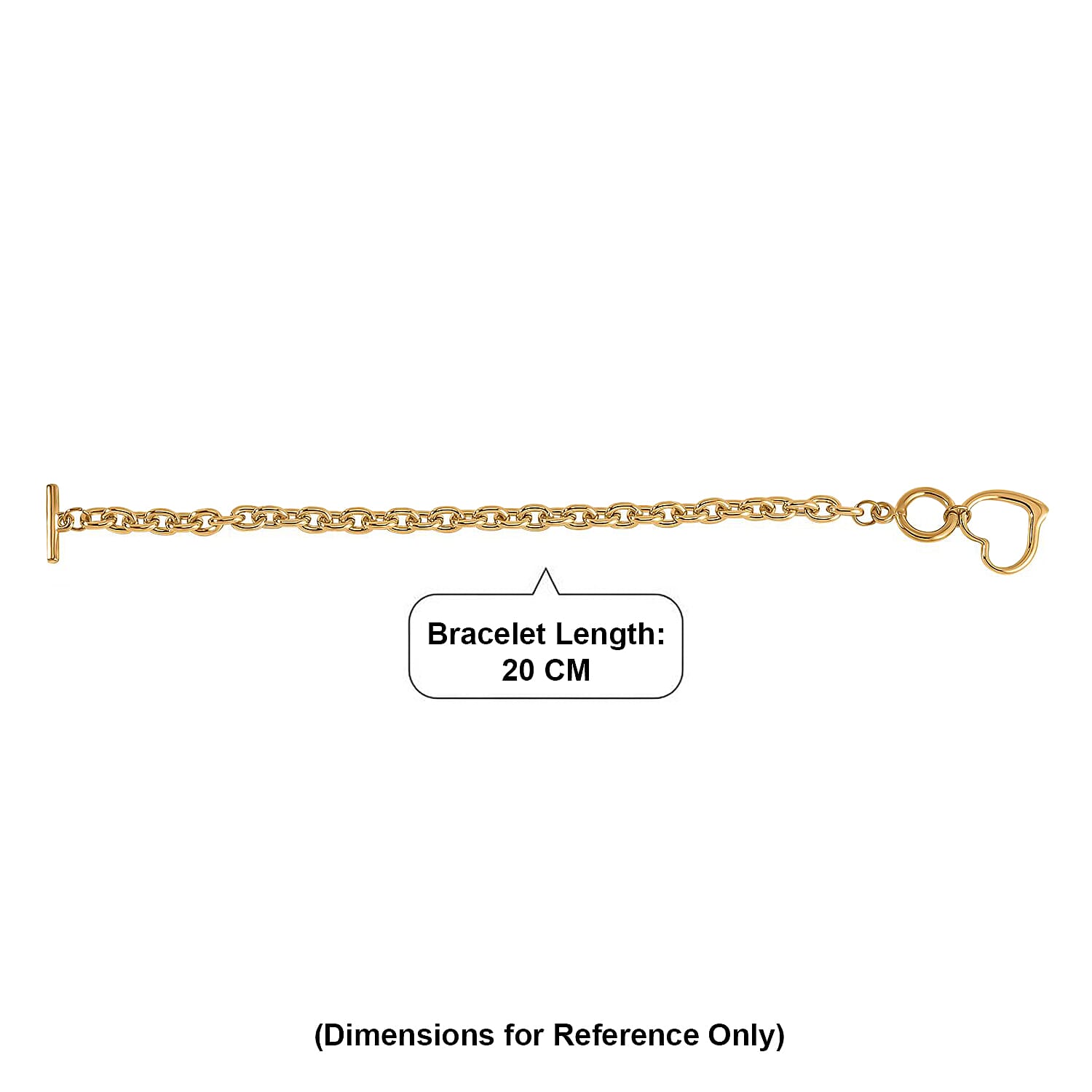 Heart Drop Cable Link Chain Bracelet (Size - 8) with T Bar Clasp in Yellow Gold Tone
