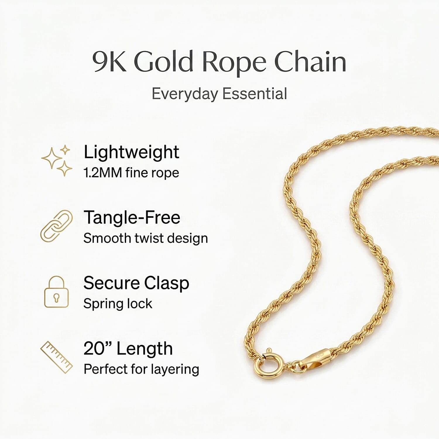 Vicenza Buy- 9K Yellow Gold Rope Chain (Size - 24) with Spring Ring Clasp