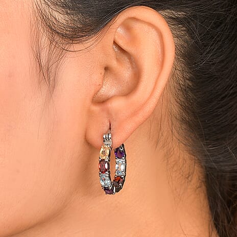 EverTrue African Amethyst & Multi Gemstones Half Hoop Earring with Clasp 7.26 Ct.