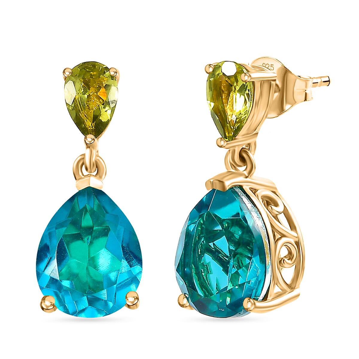 D'Joy Capri Blue Triplet Quartz & Peridot Pear Earring with Push Post in Yellow Gold Plated Sterling Silver 6.43 Ct.