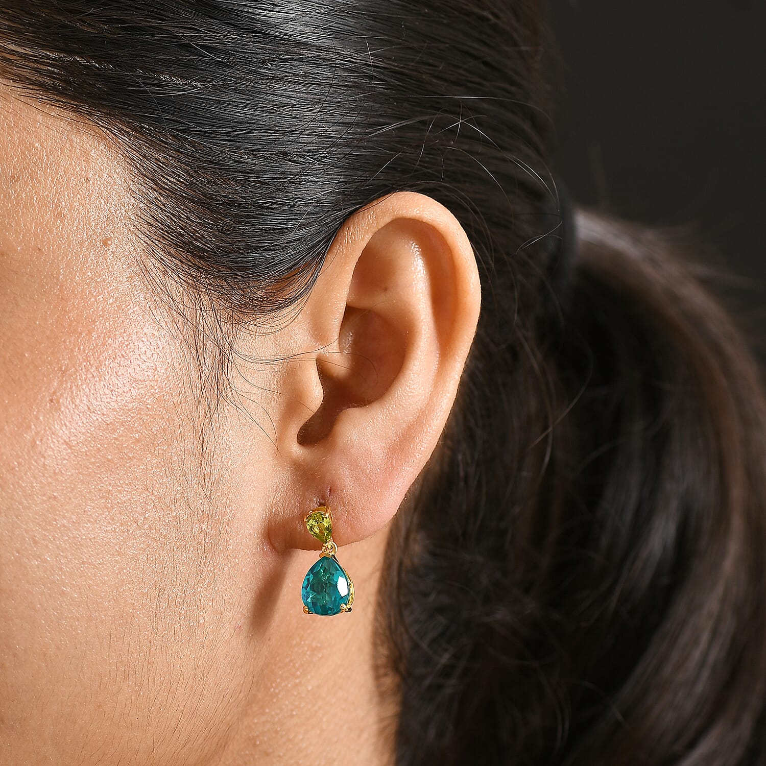 D'Joy Capri Blue Triplet Quartz & Peridot Pear Earring with Push Post in Yellow Gold Plated Sterling Silver 6.43 Ct.