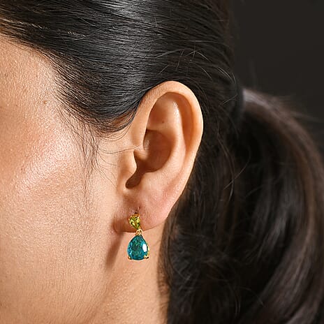 D'Joy Capri Blue Triplet Quartz & Peridot Pear Earring with Push Post in Yellow Gold Plated Sterling Silver 6.43 Ct.