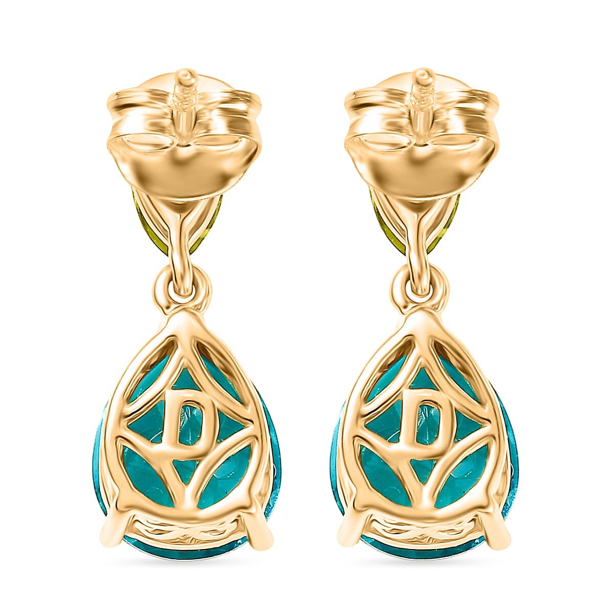D'Joy Capri Blue Triplet Quartz & Peridot Pear Earring with Push Post in Yellow Gold Plated Sterling Silver 6.43 Ct.