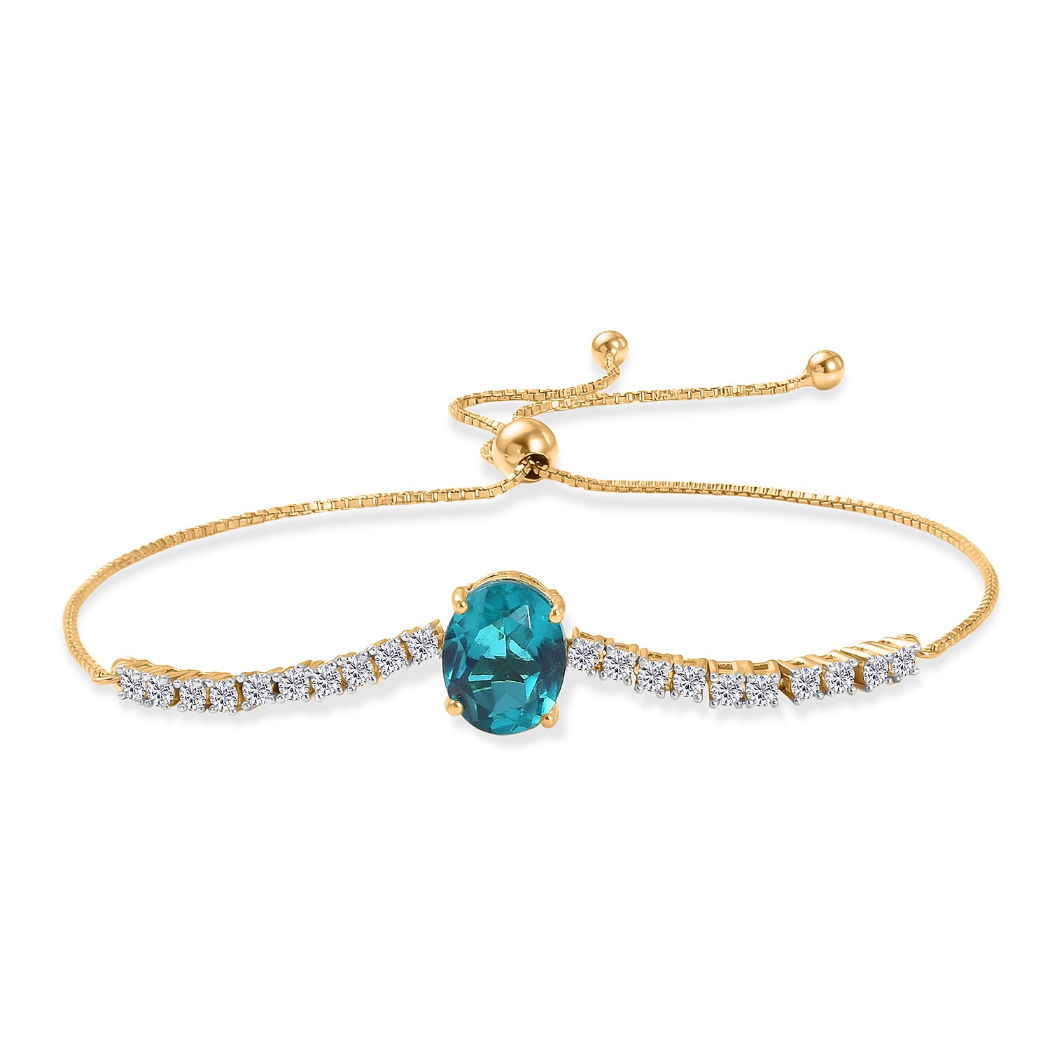 D'Joy Capri Blue Triplet Quartz & White Zircon Adjustable Chain Bracelet (Size - 10.5) in Yellow Gold Plated Sterling Silver 3.94 Ct.