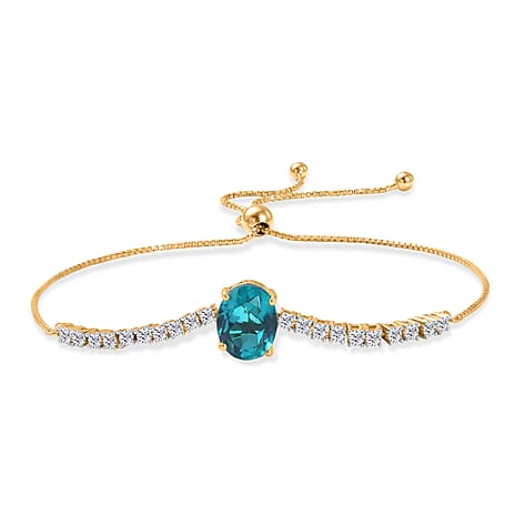 D'Joy Capri Blue Triplet Quartz & White Zircon Adjustable Chain Bracelet (Size - 10.5) in Yellow Gold Plated Sterling Silver 3.94 Ct.