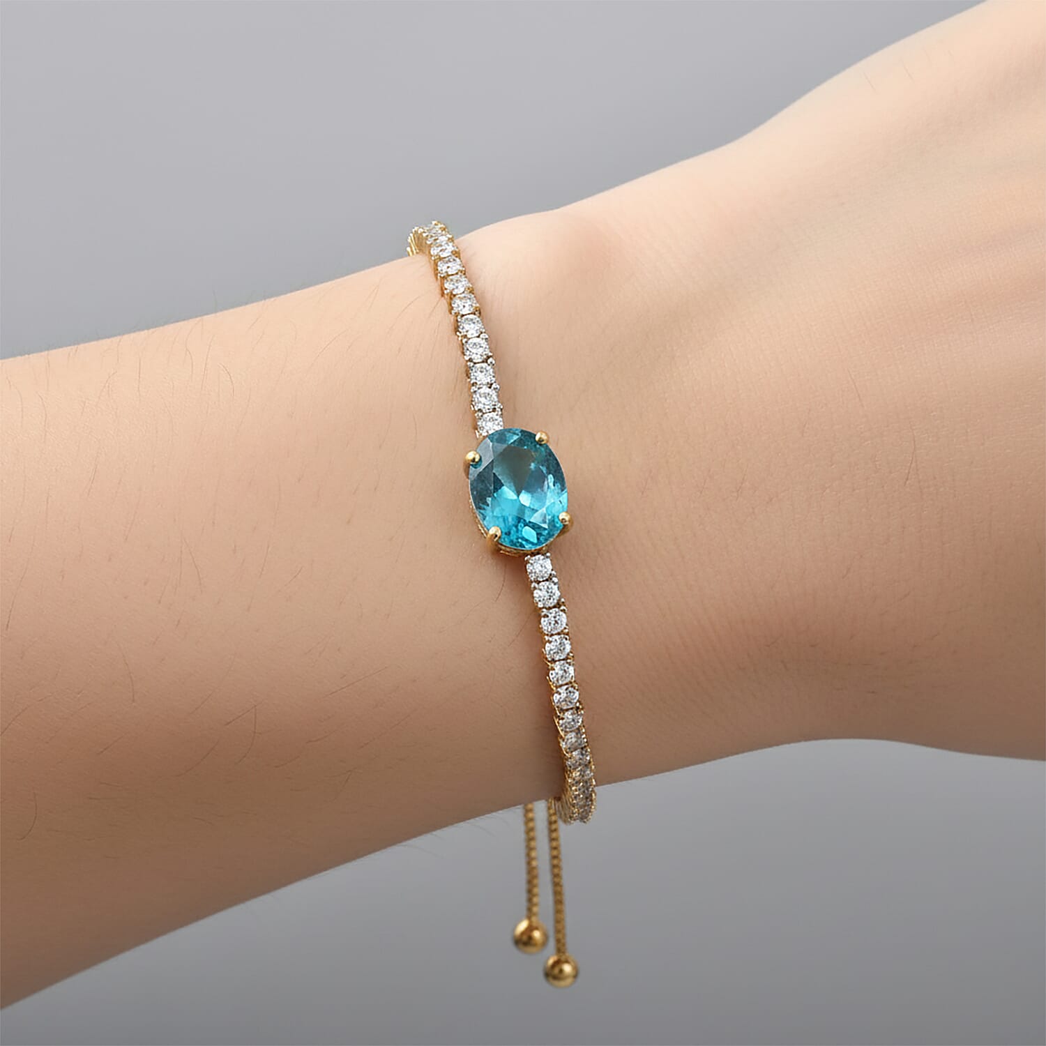 D'Joy Capri Blue Triplet Quartz & White Zircon Adjustable Chain Bracelet (Size - 10.5) in Yellow Gold Plated Sterling Silver 3.94 Ct.