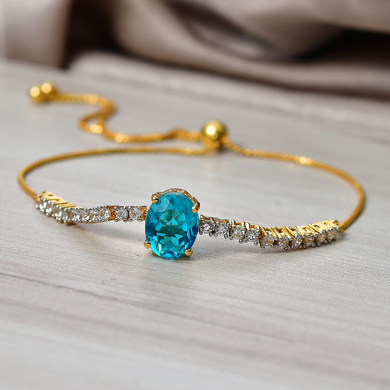 D'Joy Capri Blue Triplet Quartz & White Zircon Adjustable Chain Bracelet (Size - 10.5) in Yellow Gold Plated Sterling Silver 3.94 Ct.