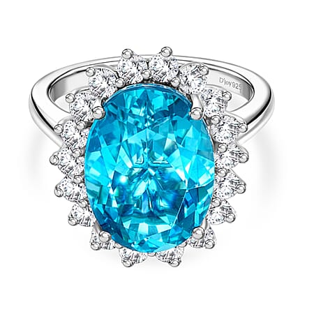 D'Joy Capri Blue Triplet Quartz & White Zircon Halo Ring in Rhodium Overlay Sterling Silver 7.27 Ct.