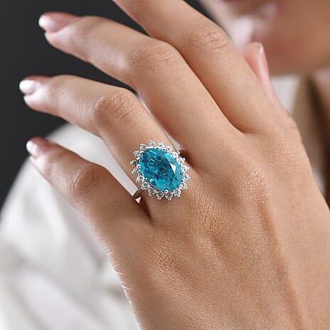 D'Joy Capri Blue Triplet Quartz & White Zircon Halo Ring in Rhodium Overlay Sterling Silver 7.27 Ct.
