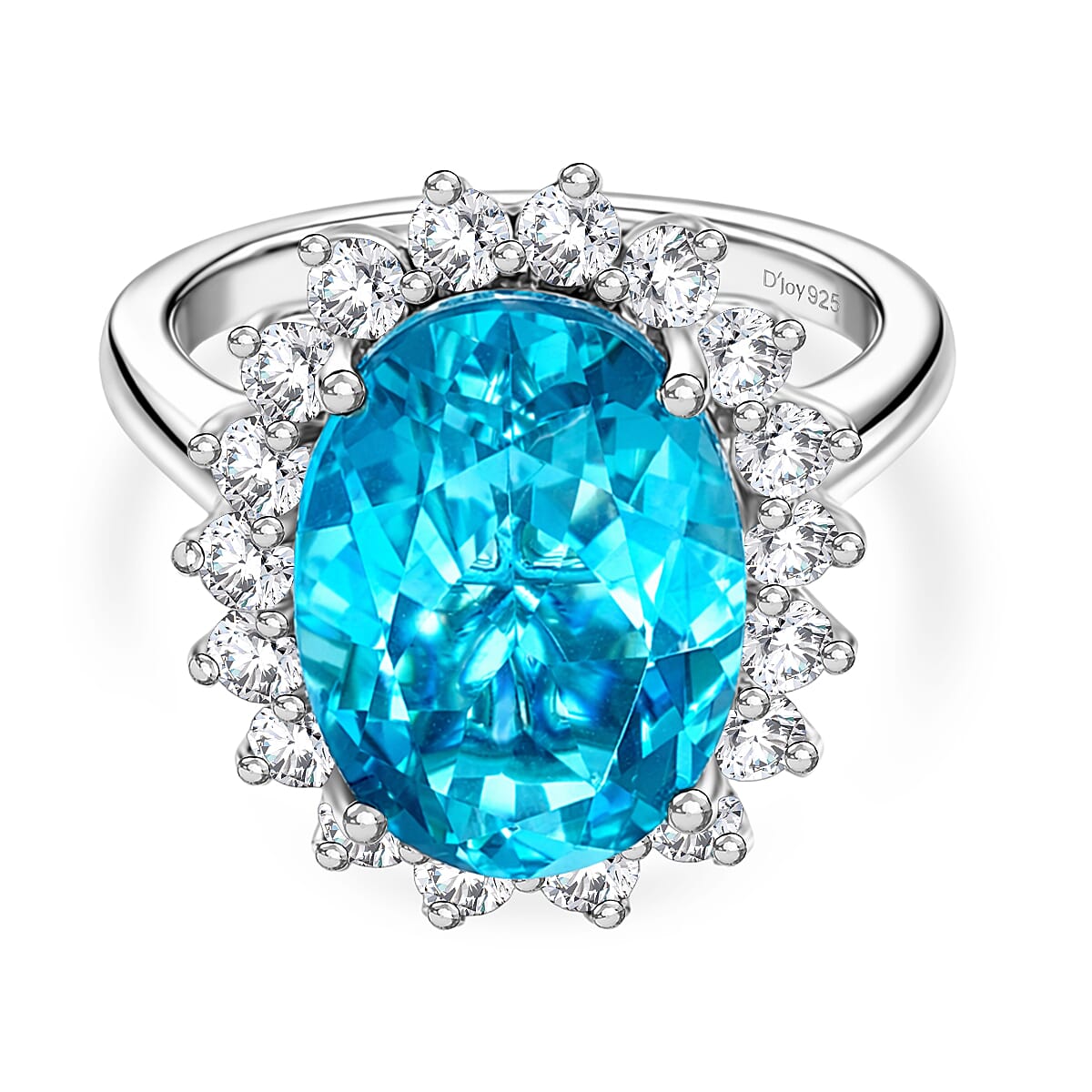 D'Joy Capri Blue Triplet Quartz & White Zircon Halo Ring in Rhodium Overlay Sterling Silver 7.27 Ct.