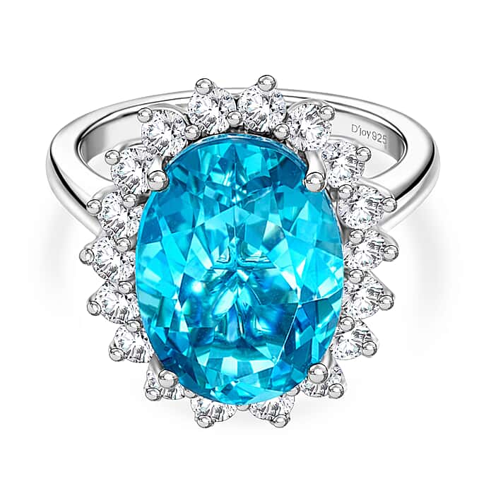 D'Joy Capri Blue Triplet Quartz & White Zircon Halo Ring in Rhodium Overlay Sterling Silver 7.27 Ct.