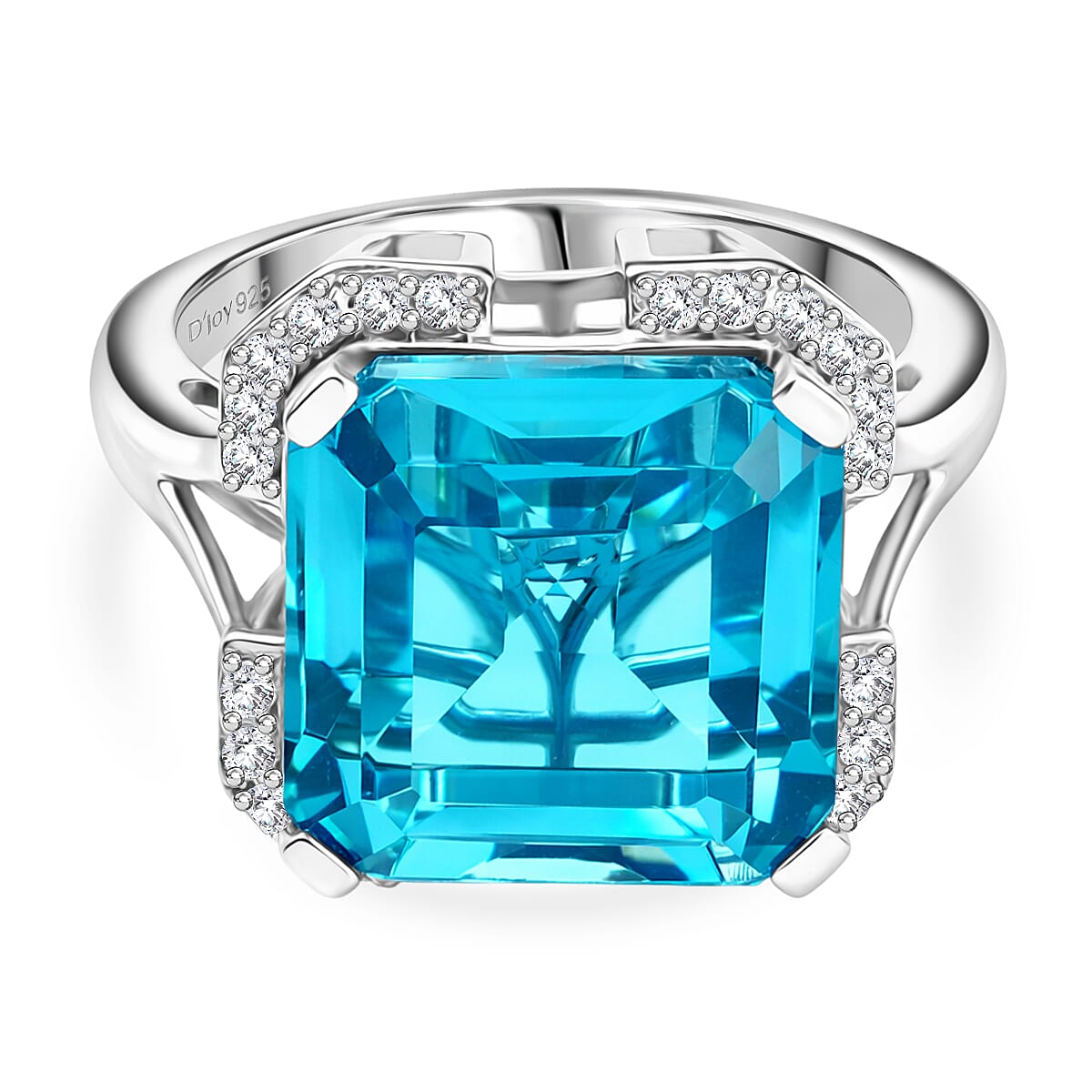 D'Joy Capri Blue Triplet Quartz & White Zircon Ring in Platinum Overlay Sterling Silver 9.00 Ct.