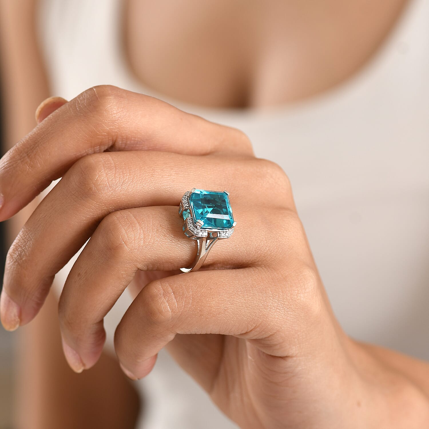 D'Joy Capri Blue Triplet Quartz & White Zircon Ring in Platinum Overlay Sterling Silver 9.00 Ct.