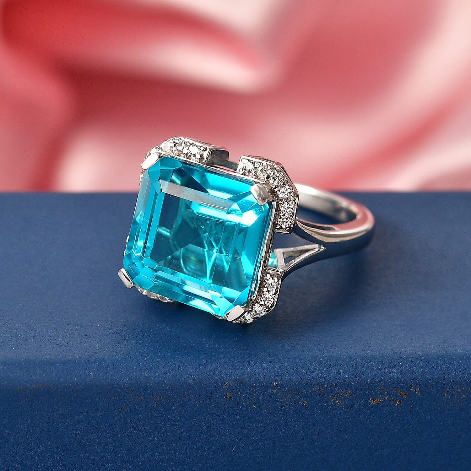 D'Joy Capri Blue Triplet Quartz & White Zircon Ring in Platinum Overlay Sterling Silver 9.00 Ct.