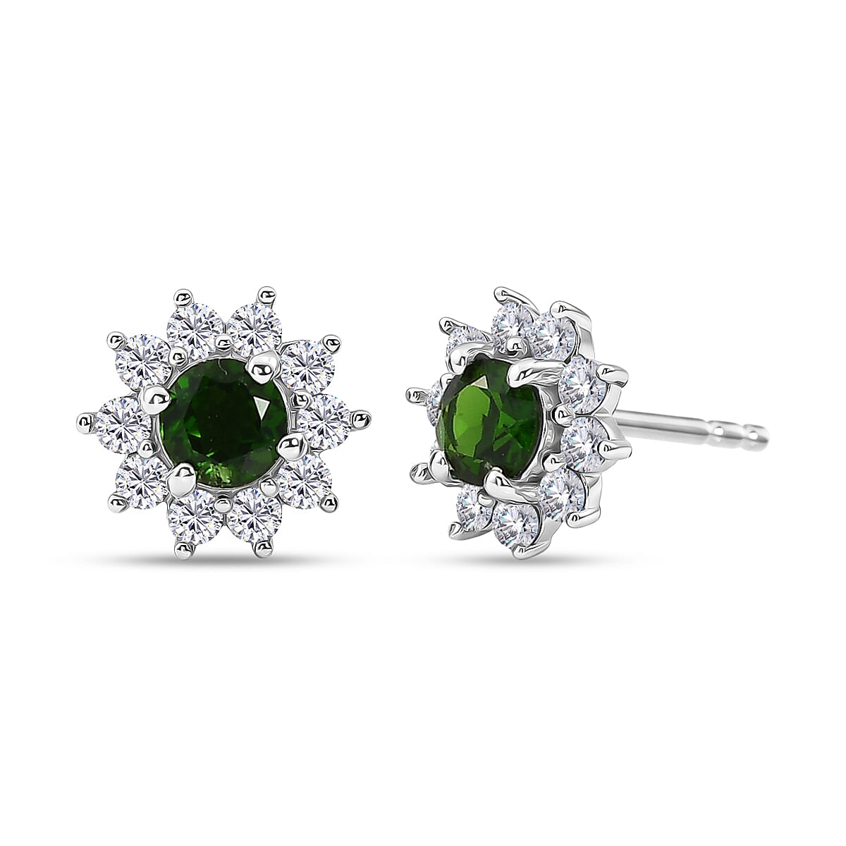 Natural Chrome Diopside & White Zircon Halo Earring with Push Back in Platinum Overlay Sterling Silver 1.30 Ct.