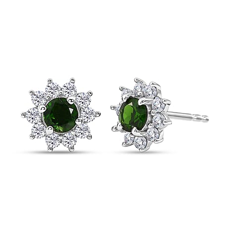 Natural Chrome Diopside & White Zircon Halo Earring with Push Back in Platinum Overlay Sterling Silver 1.30 Ct.