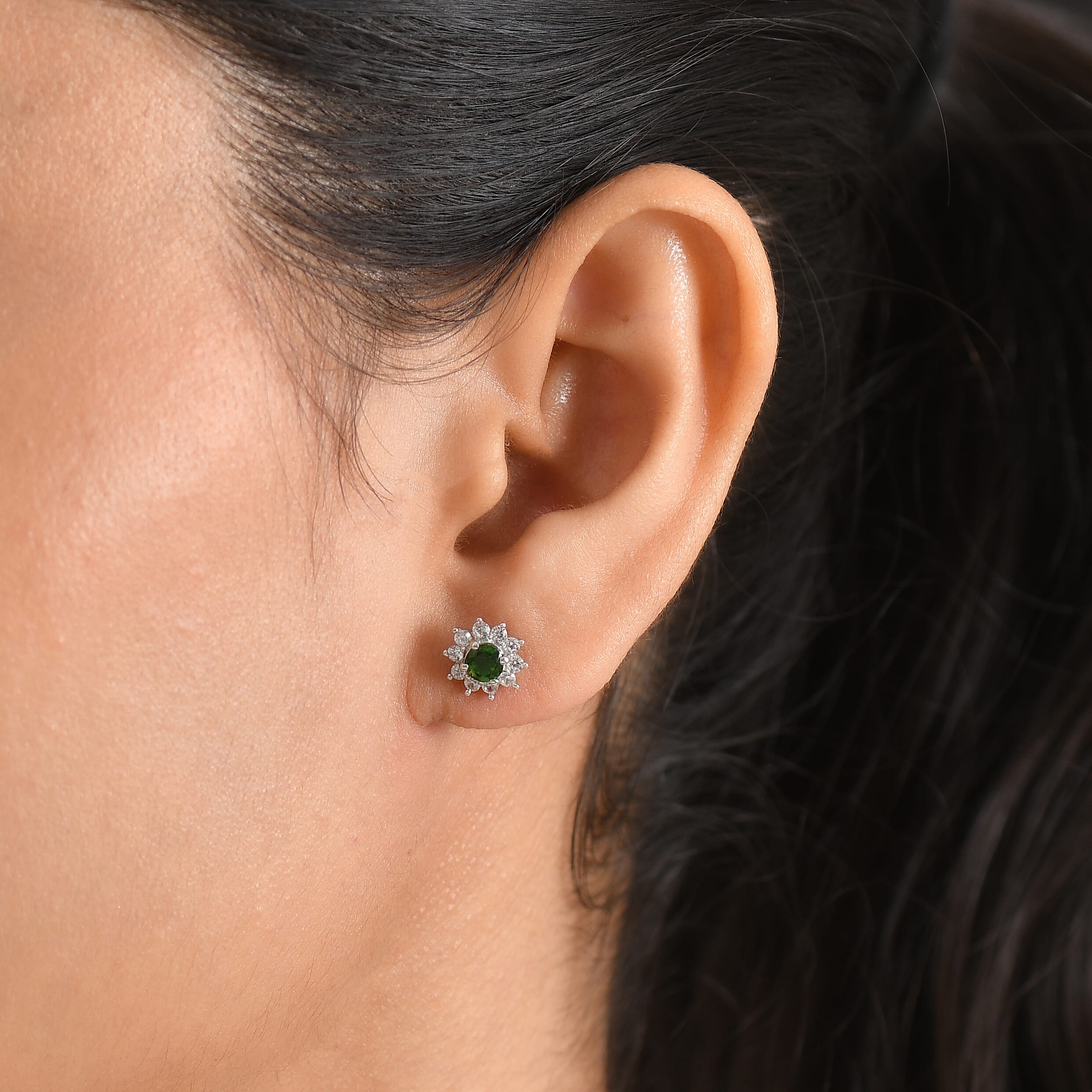 Natural Chrome Diopside & White Zircon Halo Earring with Push Back in Platinum Overlay Sterling Silver 1.30 Ct.