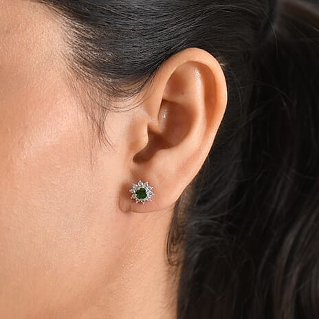 Natural Chrome Diopside & White Zircon Halo Earring with Push Back in Platinum Overlay Sterling Silver 1.30 Ct.