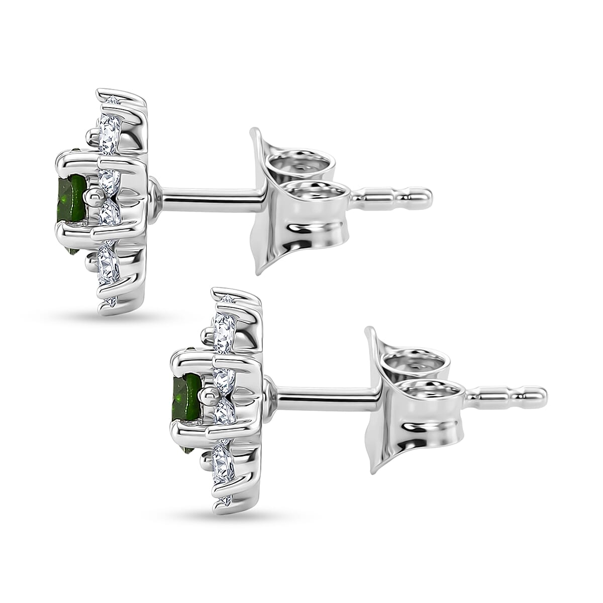 Natural Chrome Diopside & White Zircon Halo Earring with Push Back in Platinum Overlay Sterling Silver 1.30 Ct.