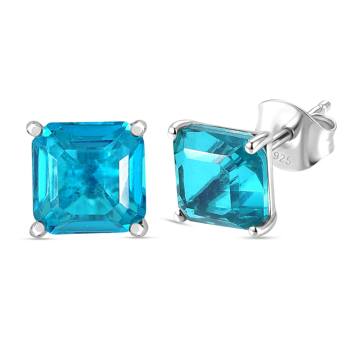 Capri Blue Triplet Quartz Solitaire Stud Push Post Earring in Platinum Overlay Sterling Silver 3.93 Ct.
