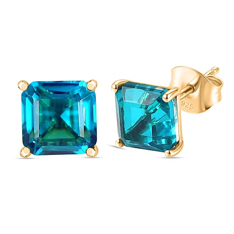 Capri Blue Triplet Quartz Solitaire Stud Push Post Earring in Yellow Gold Plated Sterling Silver 3.91 Ct.