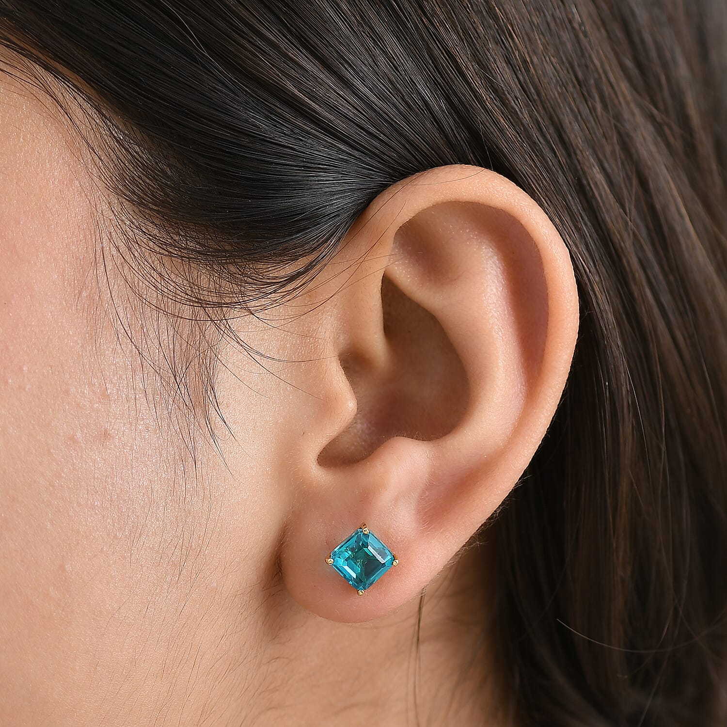 Capri Blue Triplet Quartz Solitaire Stud Push Post Earring in Yellow Gold Plated Sterling Silver 3.91 Ct.