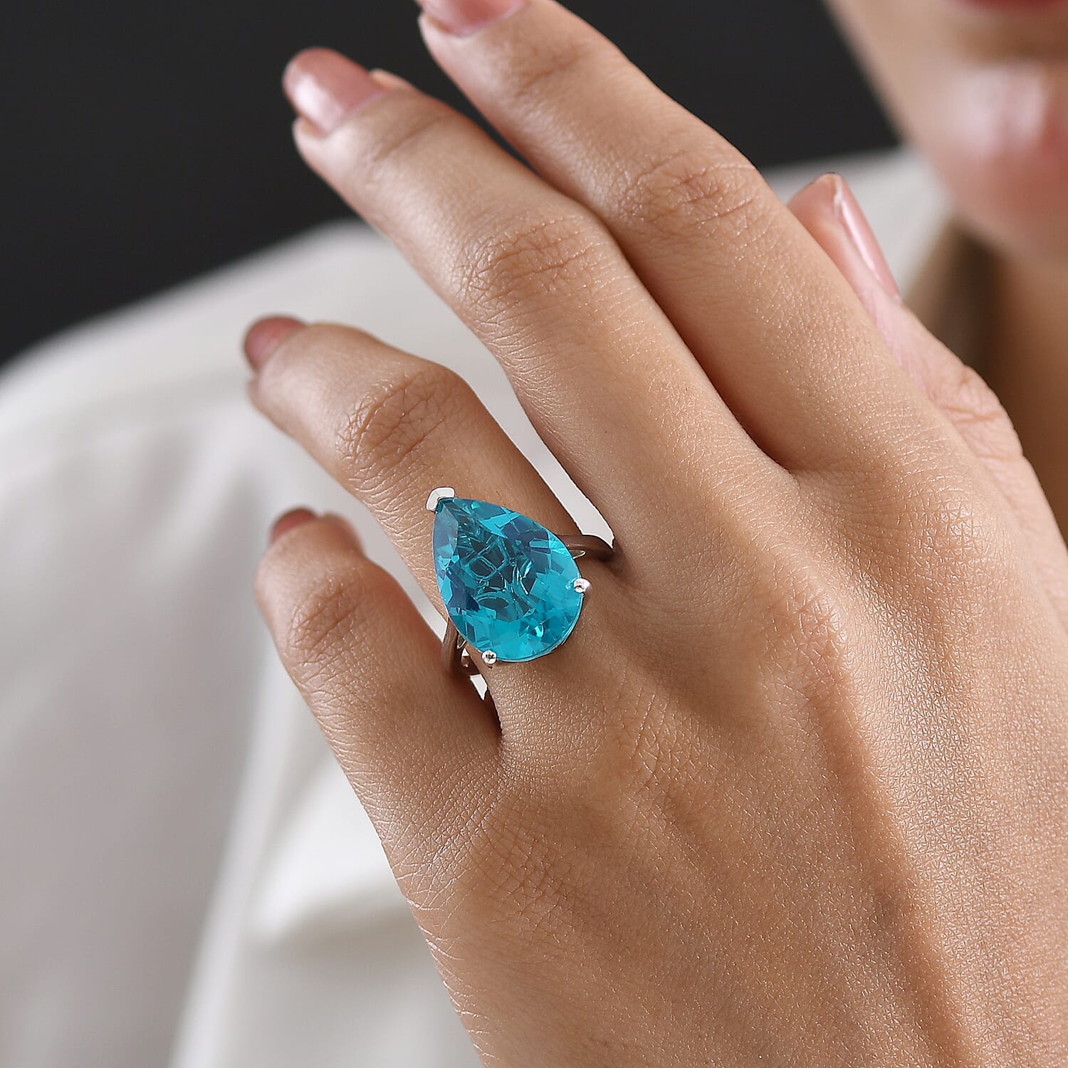 D'Joy Capri Blue Triplet Quartz Solitaire Ring in Rhodium Overlay Sterling Silver 10.68 Ct.