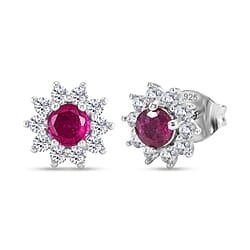 African Ruby & White Zircon Earring with Push Back in Platinum Overlay Sterling Silver 1.44 Ct.