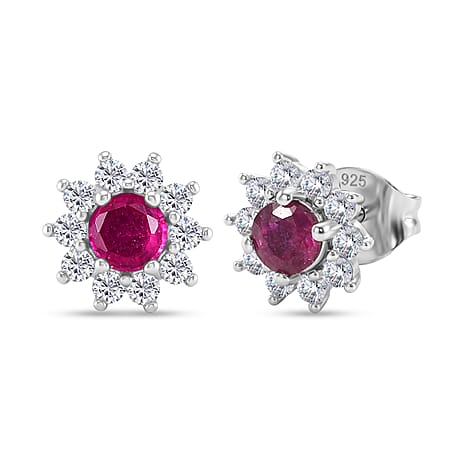 African Ruby & White Zircon Earring with Push Back in Platinum Overlay Sterling Silver 1.44 Ct.