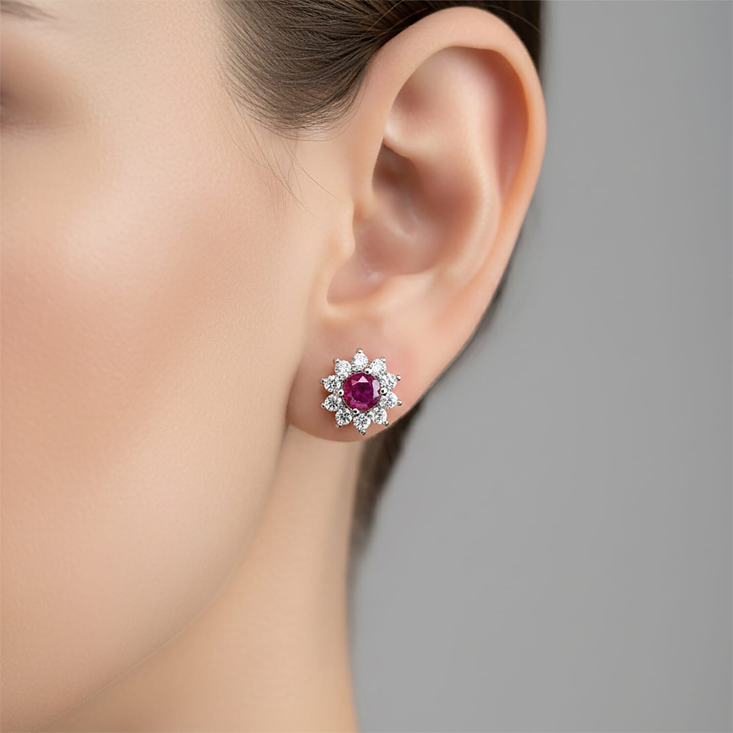 African Ruby & White Zircon Earring with Push Back in Platinum Overlay Sterling Silver 1.44 Ct.
