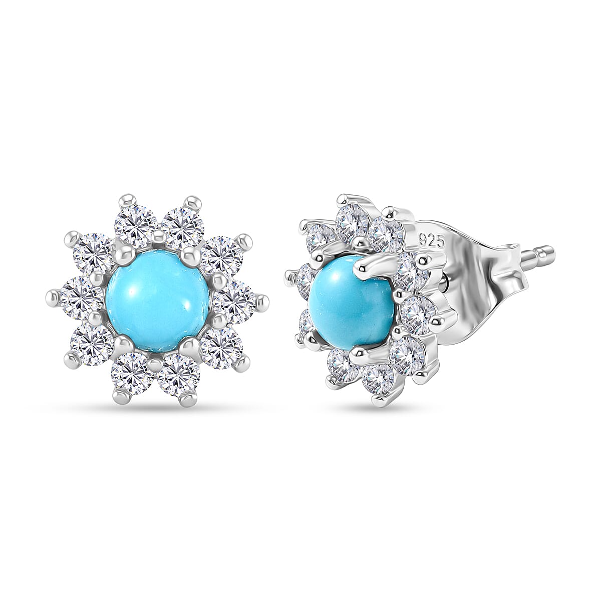 Sleeping Beauty Turquoise & White Zircon Cluster Halo Earring with Push Back in Platinum Overlay Sterling Silver 1.25 Ct.